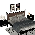 Stylish Double Bed With Framed Artworks Nightstands Vase Table Lamp And Soft Rug