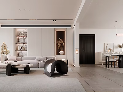 Modern Living Room With Sofa Unique Coffee Table And Shelves 3d model