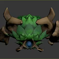 Mythical Fantasy Game Character With Wooden Horns Green Leaf Like Crystals And Blue Accents