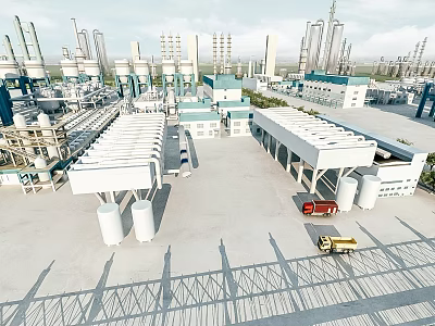 Large Scale Industrial Plant With Multiple Processing Towers Storage Silos And Transport Vehicles 3d model