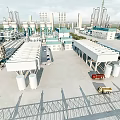 Large Scale Industrial Plant With Multiple Processing Towers Storage Silos And Transport Vehicles
