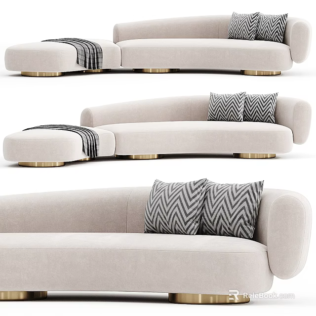 Modern Beige Sectional Sofa With Striped Pillows Gold Legs And Throw 3d model 