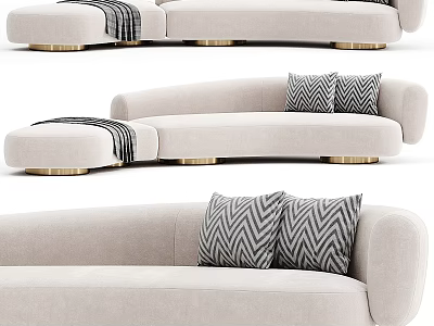Modern Beige Sectional Sofa With Striped Pillows Gold Legs And Throw 3d model
