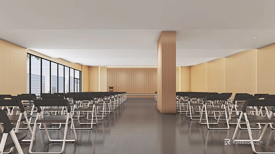 Spacious Conference Room With Wooden Walls Large Windows City View Podium And Neatly Arranged Chairs 3d model 