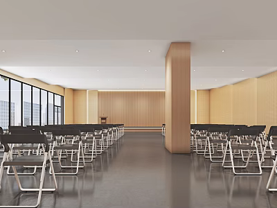Spacious Conference Room With Wooden Walls Large Windows City View Podium And Neatly Arranged Chairs 3d model