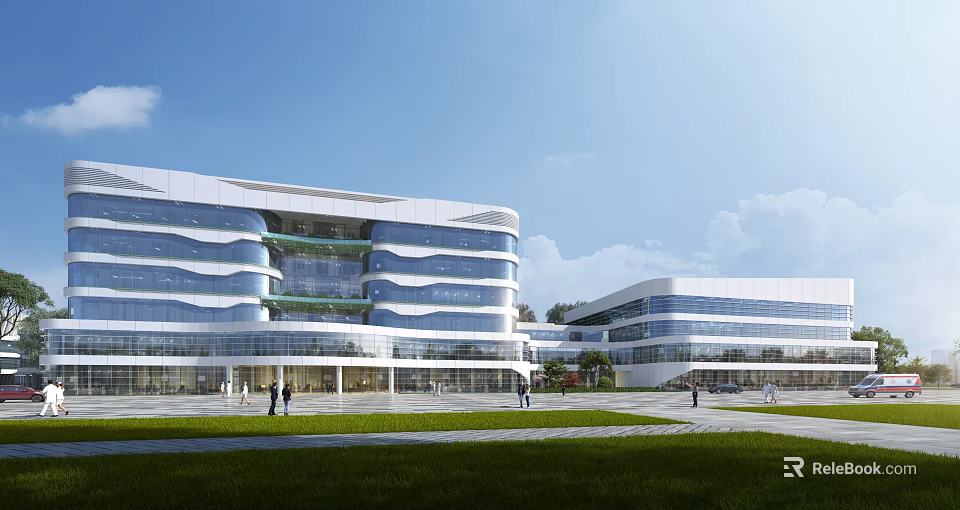 Modern Hospital Building with Glass Curtain Wall and Wavy Design in Open Plaza Green Lawn 3d model 
