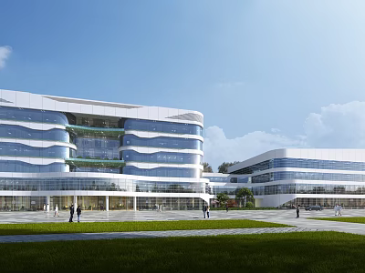 Modern Hospital Building with Glass Curtain Wall and Wavy Design in Open Plaza Green Lawn 3d model