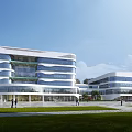 Modern Hospital Building with Glass Curtain Wall and Wavy Design in Open Plaza Green Lawn