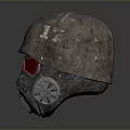 Worn Metallic Military Tactical Weapon Helmet With Gas Mask And Red Glowing Eyes