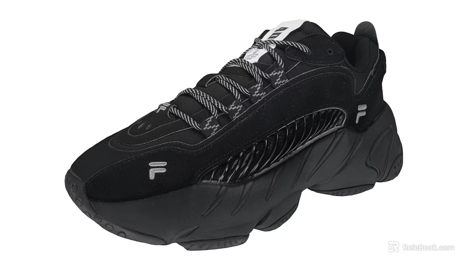 Black Casual Sporty Sneakers With Thick Sole Gray Laces And White Logo 3d model 