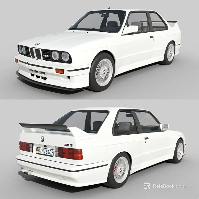 White BMW Classic Sports Car With Rear Spoiler Alloy Wheels And Dual Views 3d model 