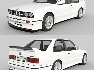 White BMW Classic Sports Car With Rear Spoiler Alloy Wheels And Dual Views 3d model