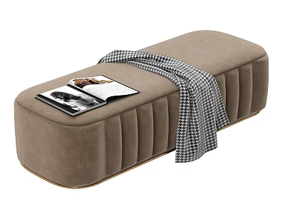 Taupe Upholstered Ottoman With Pleated Details Plaid Blanket And Magazine On Top 3d model