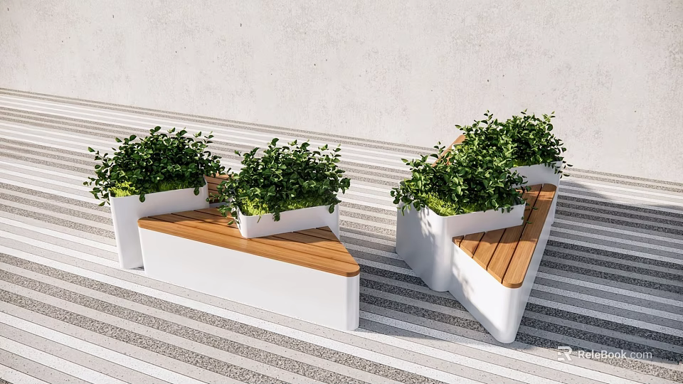 Outdoor Landscape Seats With White Frame And Wooden Seats Featuring Green Potted Plants 3d model 