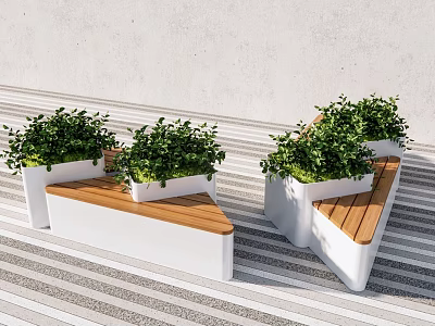 Outdoor Landscape Seats With White Frame And Wooden Seats Featuring Green Potted Plants 3d model