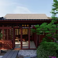 Traditional Chinese Garden Landscape with Wooden Pavilion Lotus Fountain Rockery and Purple Flowers
