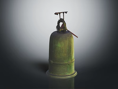 Antique Bronze Bell Musical Instrument With Decorative Top And Red Striker 3d model