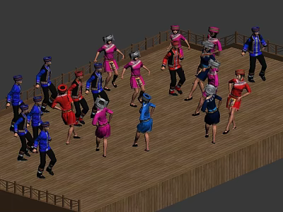 Group of People in Colorful Costumes Dancing Together on Wooden Platform 3d model