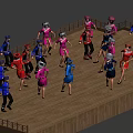 Group of People in Colorful Costumes Dancing Together on Wooden Platform