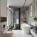 Modern Bathroom Interior With Marble Walls White Freestanding Bathtub And Gold Faucet