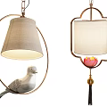 Oriental Style Chandeliers with Different Shapes White Lampshades and Lotus Bird Decorations