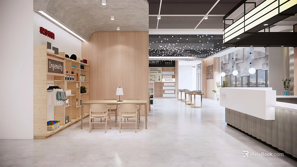 Artistic Bookstore Interior Design Featuring Art Books Display Wooden Shelves And Creative Tables 3d model 