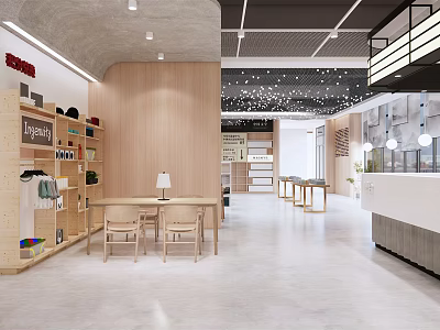 Artistic Bookstore Interior Design Featuring Art Books Display Wooden Shelves And Creative Tables 3d model
