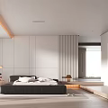 Modern Minimalist Bedroom Interior With Large Window Gray Wall Black Bed And Wooden Floor