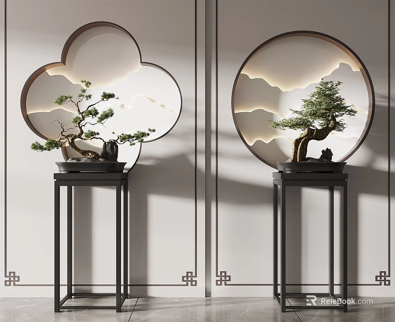 Elegant Bonsai Plants On Black Stands With Circular Floral Windows And Cloud Patterns 3d model 