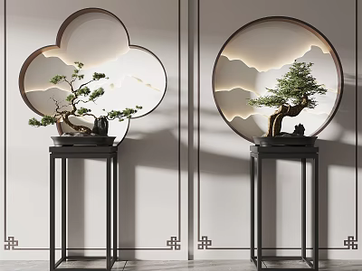 Elegant Bonsai Plants On Black Stands With Circular Floral Windows And Cloud Patterns 3d model