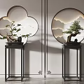 Elegant Bonsai Plants On Black Stands With Circular Floral Windows And Cloud Patterns 3d model