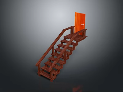 Wooden Staircase With Handrail And Steps Leading To Orange Door On Landing 3d model