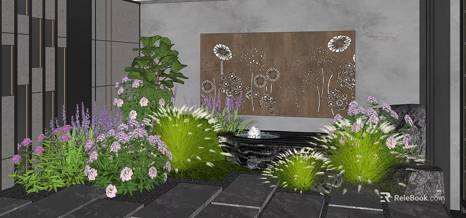 Beautiful Garden Display With Colorful Flowers Green Plants Decorative Wall And Water Feature 3d model 