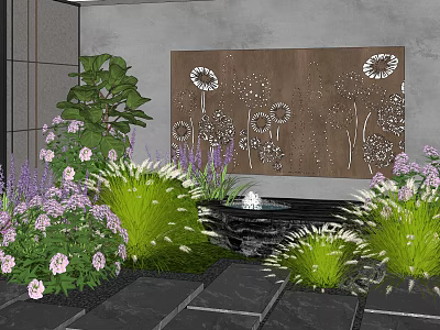 Beautiful Garden Display With Colorful Flowers Green Plants Decorative Wall And Water Feature 3d model