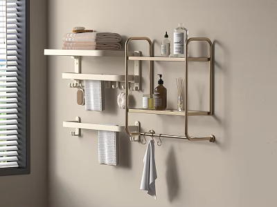 Stylish Gold Bathroom Accessories With Wall Mounted Shelves Towel Racks And Toiletries 3d model