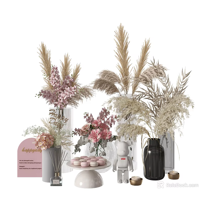 Stylish Vases with Pink Flowers and Dried Reeds Alongside Cupcakes Pink Card and Decorative Doll 3d model 