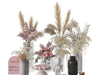 Stylish Vases with Pink Flowers and Dried Reeds Alongside Cupcakes Pink Card and Decorative Doll 3d model