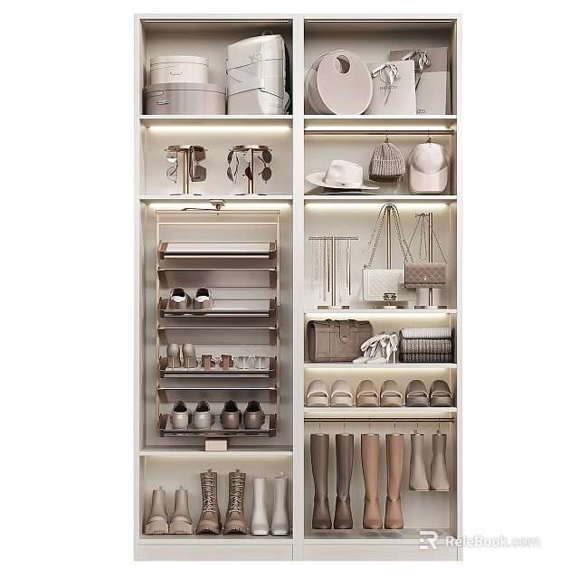 Modern Shoe Cabinet Interior Design With Shoes Bags Hats And Accessories 3d model 