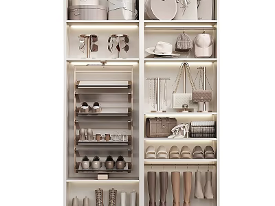 Modern Shoe Cabinet Interior Design With Shoes Bags Hats And Accessories 3d model