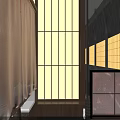Japanese Restaurant Interior With Red Awning Wooden Structure Lantern Pendant Lights And Booth Seating