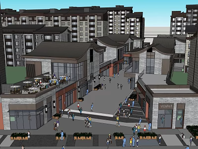 Vibrant Commercial Street With Retail Shops Outdoor Dining And Pedestrian Crowds 3d model
