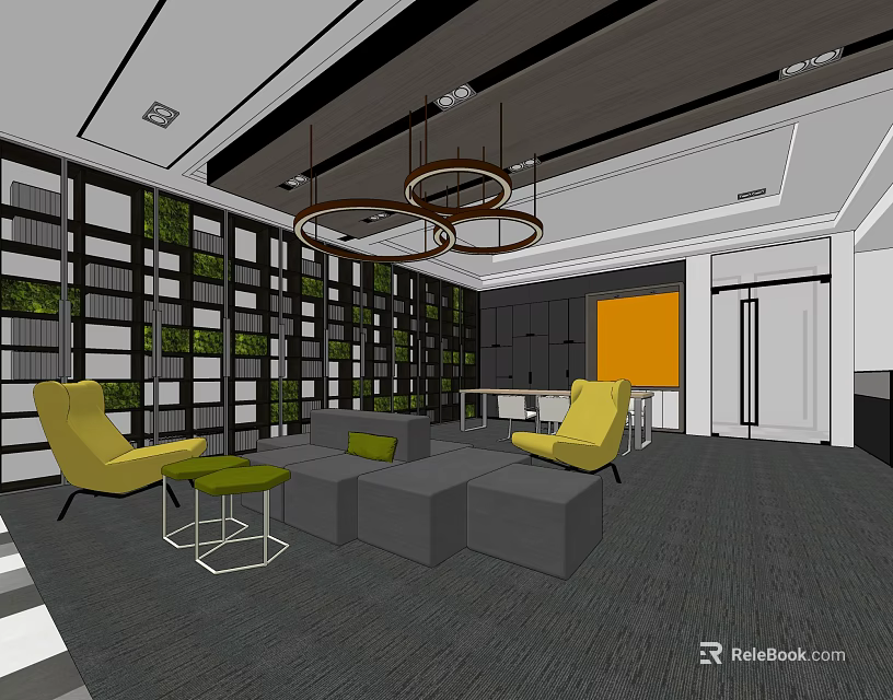 Hotel Public Lounge Area With Grey Sofa Yellow Chairs Green Wall And Circular Pendant Lights 3d model 