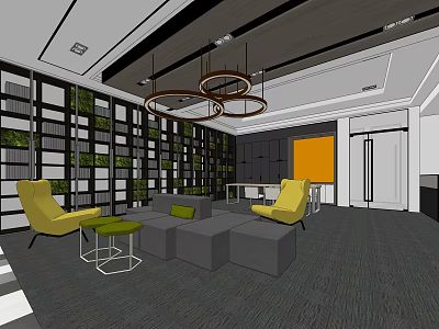 Hotel Public Lounge Area With Grey Sofa Yellow Chairs Green Wall And Circular Pendant Lights 3d model