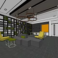 Hotel Public Lounge Area With Grey Sofa Yellow Chairs Green Wall And Circular Pendant Lights