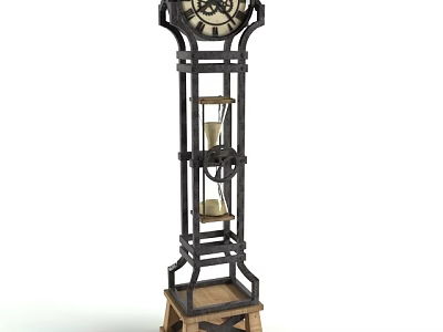 Vintage Grandfather Clock With Black Metal Frame Hourglass And Wooden Base 3d model
