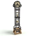Vintage Grandfather Clock With Black Metal Frame Hourglass And Wooden Base