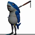 Shark Themed Game Movie Character In Blue Outfit With Large Knife And Flippers