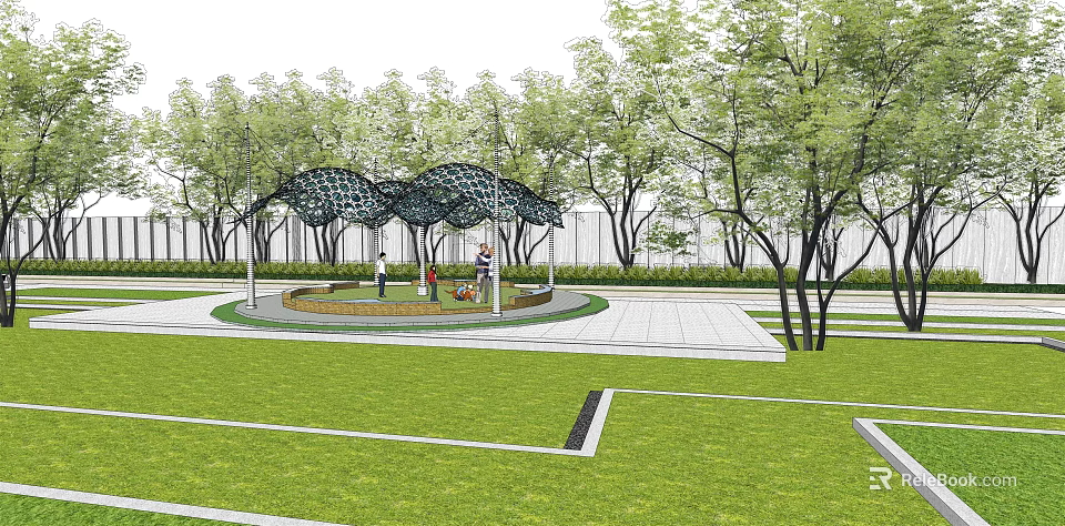 Pergola with Net-like Structure in Park Square Surrounded by Trees and Circular Platform for Relaxing 3d model 