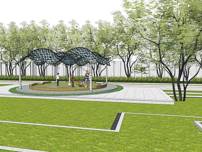 Pergola with Net-like Structure in Park Square Surrounded by Trees and Circular Platform for Relaxing 3d model