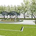 Pergola with Net-like Structure in Park Square Surrounded by Trees and Circular Platform for Relaxing